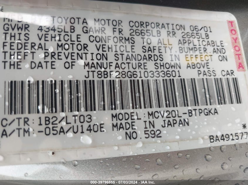 2001 Lexus Es 300 VIN: JT8BF28G610333601 Lot: 39796855