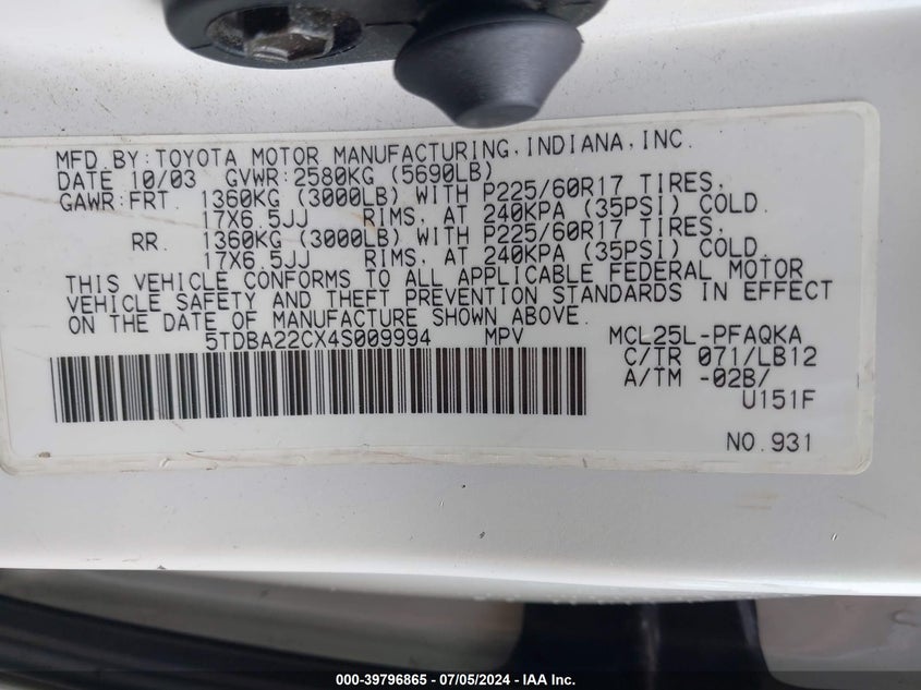 2004 Toyota Sienna Xle VIN: 5TDBA22CX4S009994 Lot: 39796865