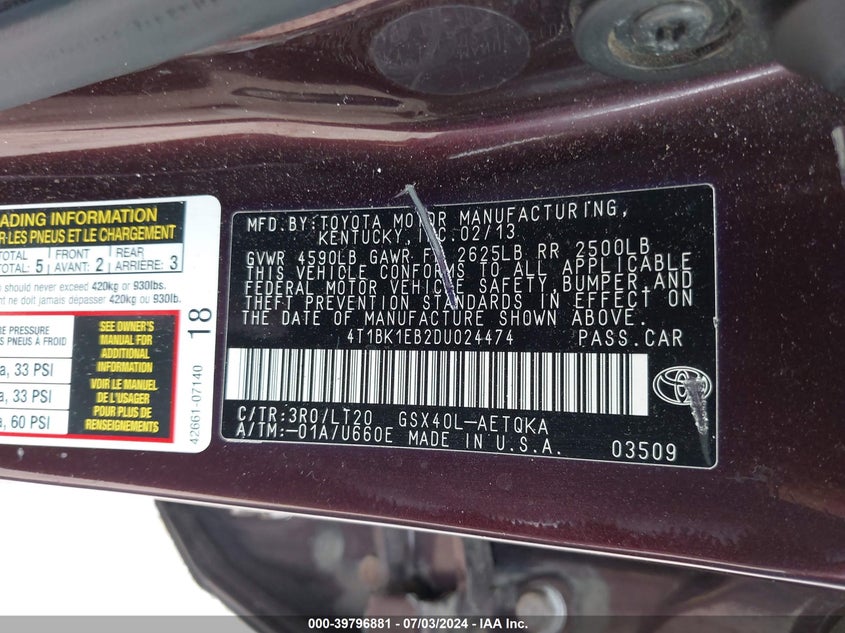 4T1BK1EB2DU024474 2013 Toyota Avalon Xle Touring