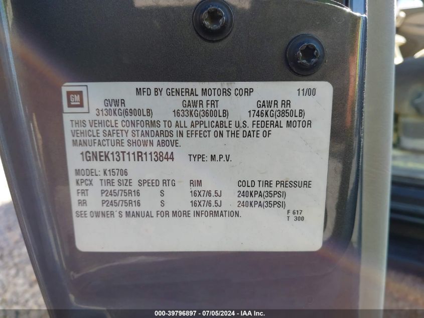 2001 Chevrolet Tahoe Ls VIN: 1GNEK13T11R113844 Lot: 39796897