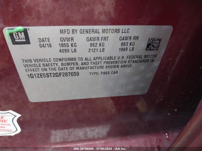 2016 Chevrolet Malibu 1Lt VIN: 1G1ZE5ST2GF287659 Lot: 39796898