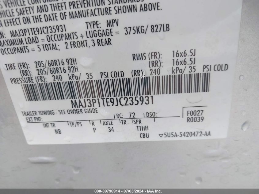 MAJ3P1TE9JC235931 2018 Ford Ecosport Se