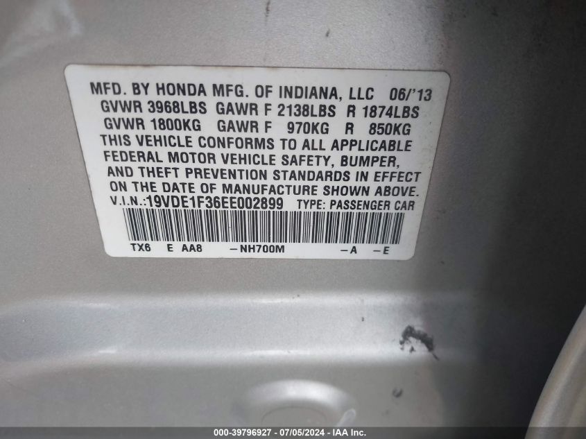 2014 ACURA ILX 2.0L - 19VDE1F36EE002899