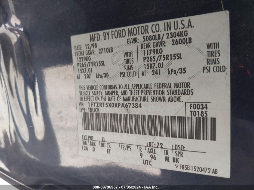 1999 Ford Ranger Xlt VIN: 1FTZR15X0XPA67384 Lot: 39796937
