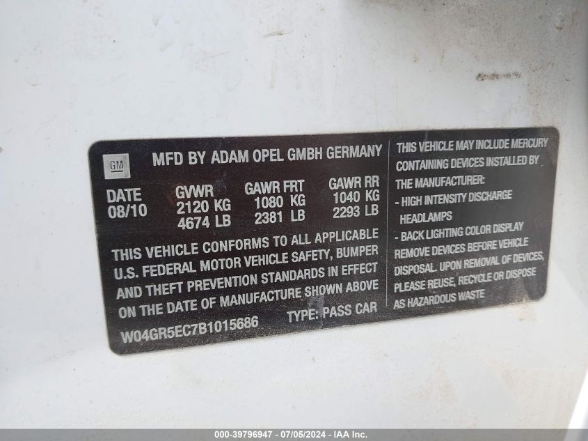 2011 Buick Regal Cxl Russelsheim VIN: W04GR5EC7B1015686 Lot: 39796947