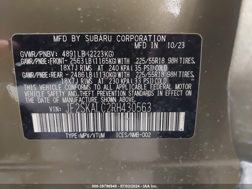 2024 Subaru Forester Limited VIN: JF2SKALC2RH430563 Lot: 39796948