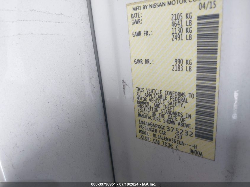 2016 Nissan Maxima 3.5S/Sv/Sl/Sr/Plat VIN: 1N4AA6APXGC375232 Lot: 39796951
