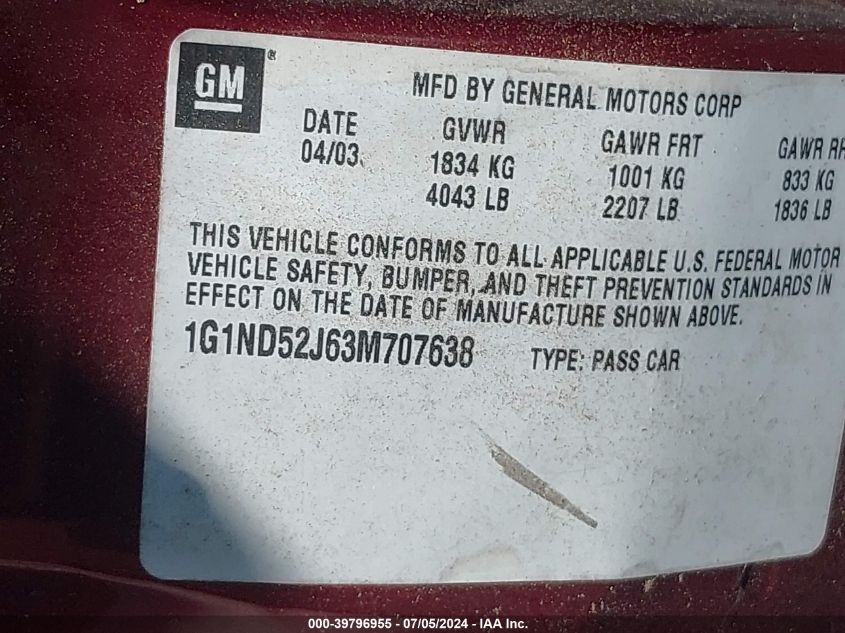 2003 Chevrolet Malibu VIN: 1G1ND52J63M707638 Lot: 39796955