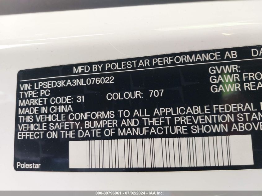 2022 Polestar 2 Long Range Dual Motor VIN: LPSED3KA3NL076022 Lot: 39796961