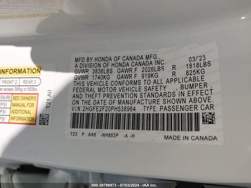 VIN 2HGFE2F20PH538964 2023 HONDA CIVIC LX