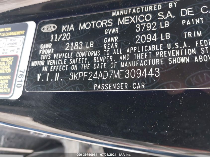 2021 Kia Forte Lxs VIN: 3KPF24AD7ME309443 Lot: 39796984