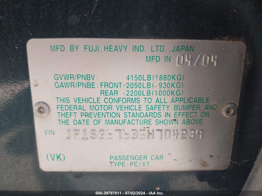 2005 Subaru Forester 2.5Xs L.l. Bean VIN: JF1SG67635H704239 Lot: 39797011