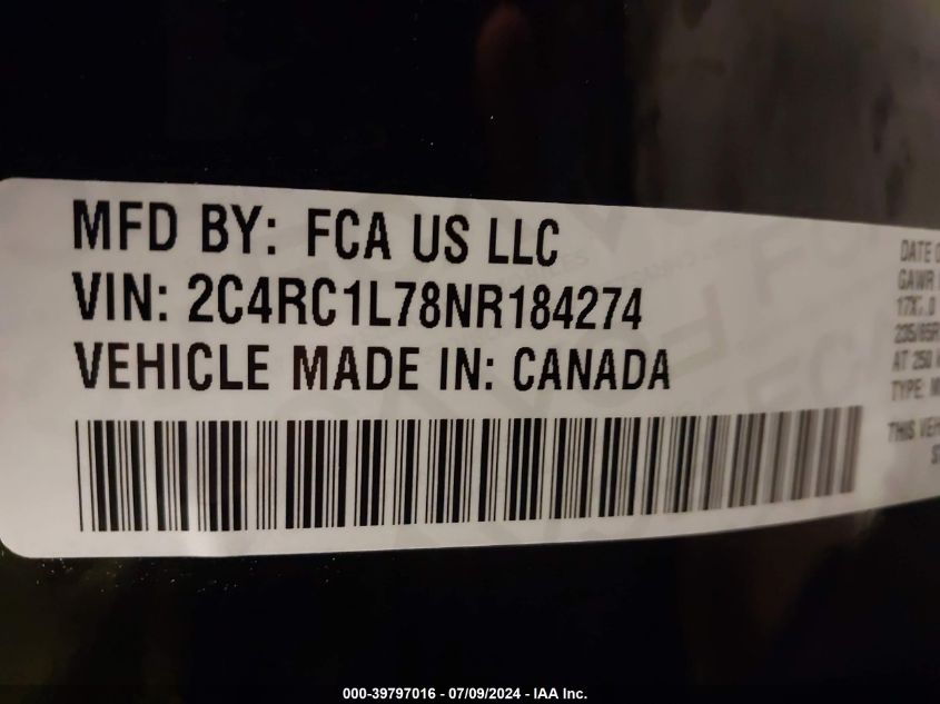 2022 Chrysler Pacifica Hybrid Touring L VIN: 2C4RC1L78NR184274 Lot: 39797016