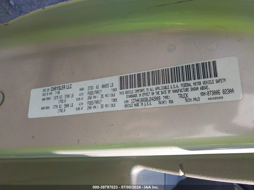 2008 Dodge Ram 1500 St/Sxt VIN: 1D7HA16K68J242009 Lot: 39797023