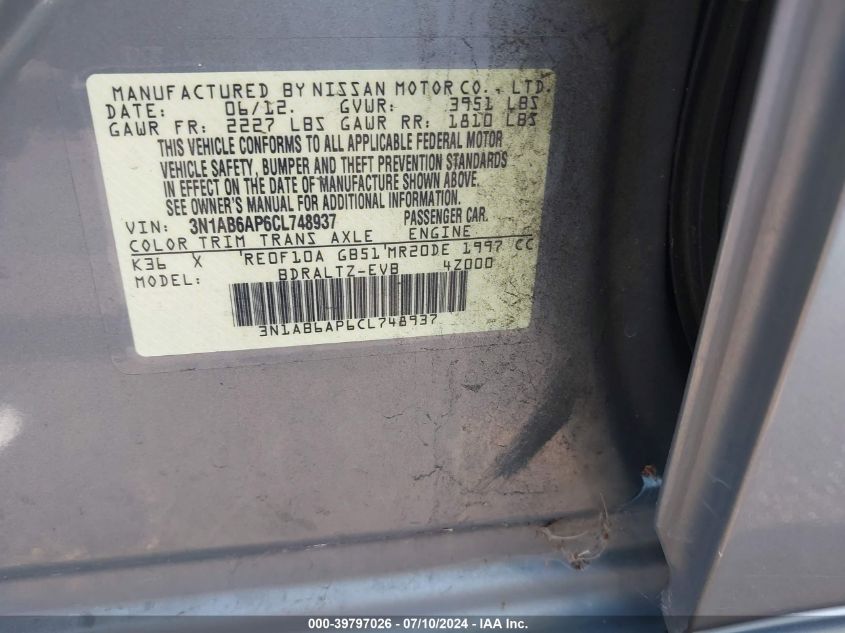 2012 Nissan Sentra 2.0/2.0S/Sr/2.0Sl VIN: 3N1AB6AP6CL748937 Lot: 39797026