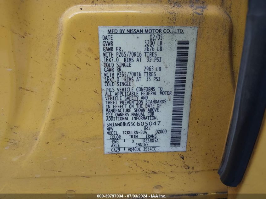 2005 Nissan Xterra S VIN: 5N1AN08U55C605047 Lot: 39797034