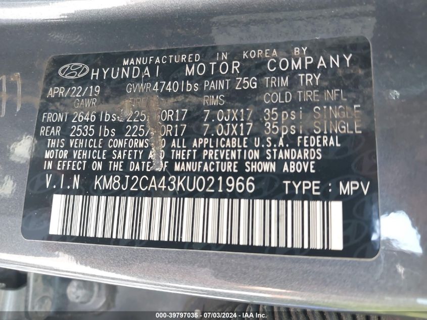 2019 Hyundai Tucson Se VIN: KM8J2CA43KU021966 Lot: 39797035