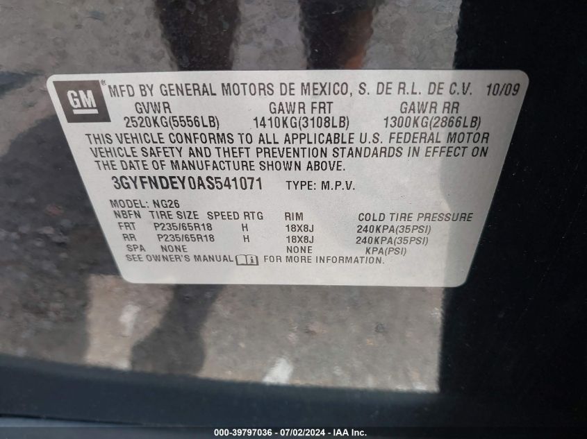 2010 Cadillac Srx Luxury Collection VIN: 3GYFNDEY0AS541071 Lot: 39797036