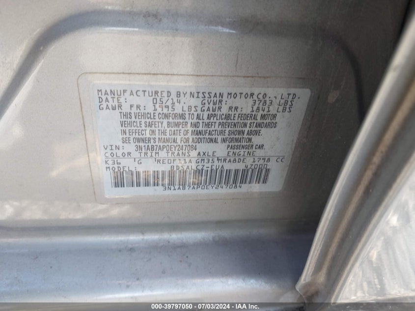 2014 Nissan Sentra S/Sv/Sr/Sl VIN: 3N1AB7AP0EY247084 Lot: 39797050