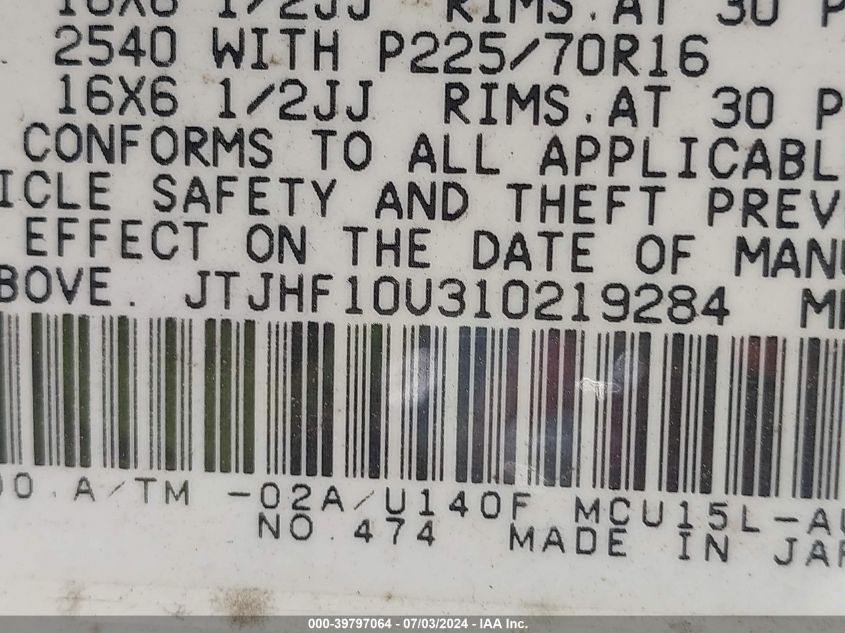 2001 Lexus Rx 300 VIN: JTJHF10U310219284 Lot: 39797064