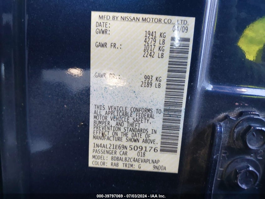 2009 Nissan Altima 2.5 S VIN: 1N4AL21E69N509176 Lot: 39797069