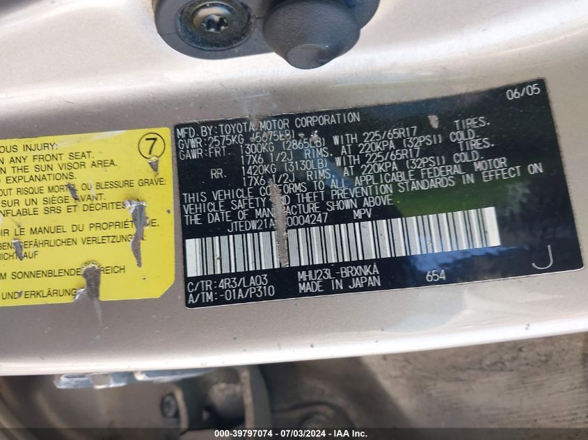 2006 Toyota Highlander Hybrid Limited V6 VIN: JTEDW21A960004247 Lot: 39797074