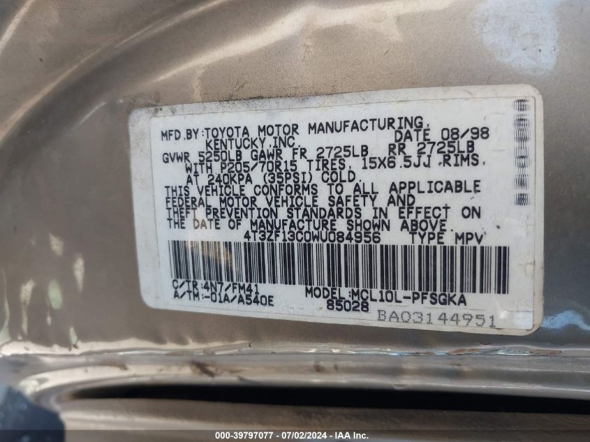 1998 Toyota Sienna Xle VIN: 4T3ZF13C0WU084956 Lot: 39797077