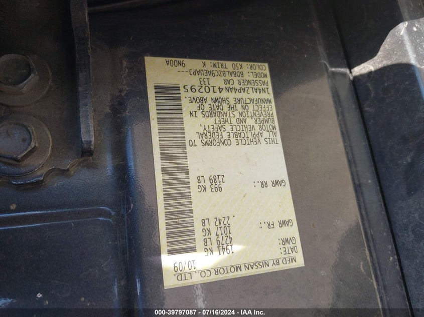 2010 Nissan Altima S VIN: 1N4AL2AP4AN410295 Lot: 39797087