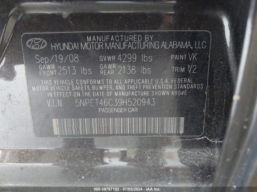 5NPET46C39H520943 2009 Hyundai Sonata Gls