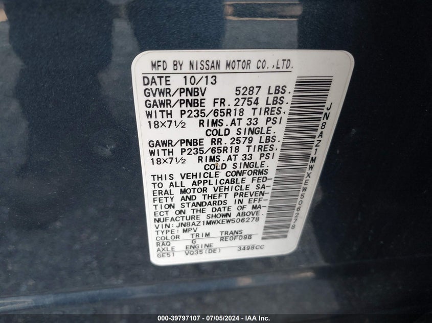 2014 Nissan Murano Sl VIN: JN8AZ1MWXEW506278 Lot: 39797107