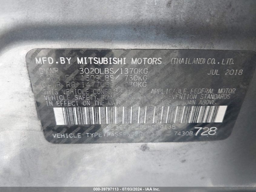 2018 Mitsubishi Mirage Es VIN: ML32A3HJ6JH014138 Lot: 39797113