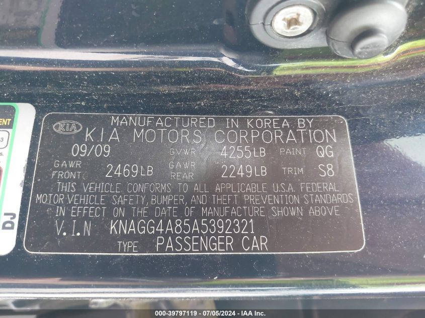 2010 Kia Optima Lx VIN: KNAGG4A85A5392321 Lot: 39797119