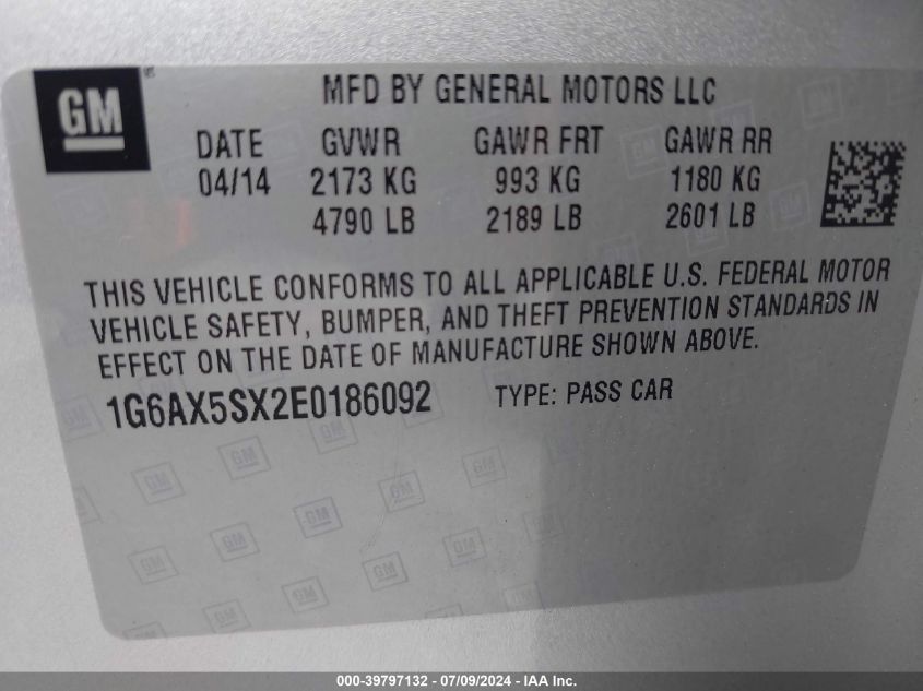 2014 Cadillac Cts Luxury VIN: 1G6AX5SX2E0186092 Lot: 39797132