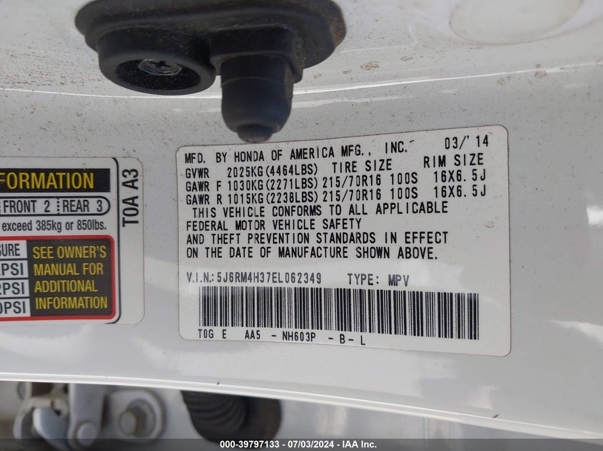 2014 Honda Cr-V Lx VIN: 5J6RM4H37EL062349 Lot: 39797133