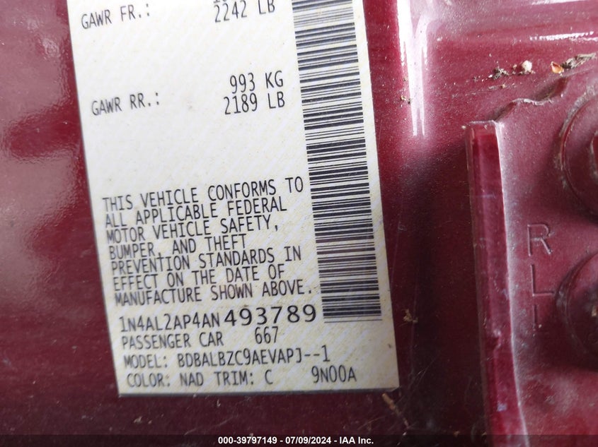 2010 Nissan Altima S VIN: 1N4AL2AP4AN493789 Lot: 39797149