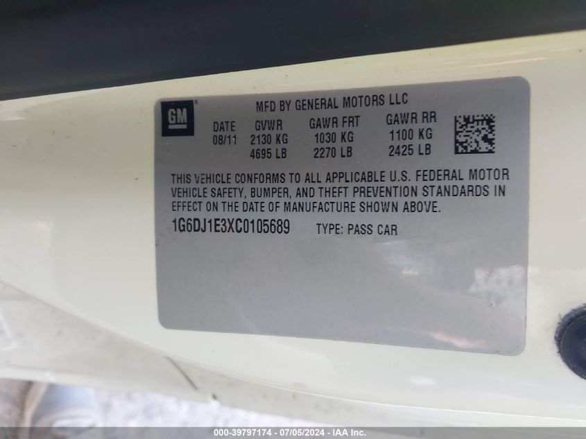 2012 Cadillac Cts Performance VIN: 1G6DJ1E3XC0105689 Lot: 39797174