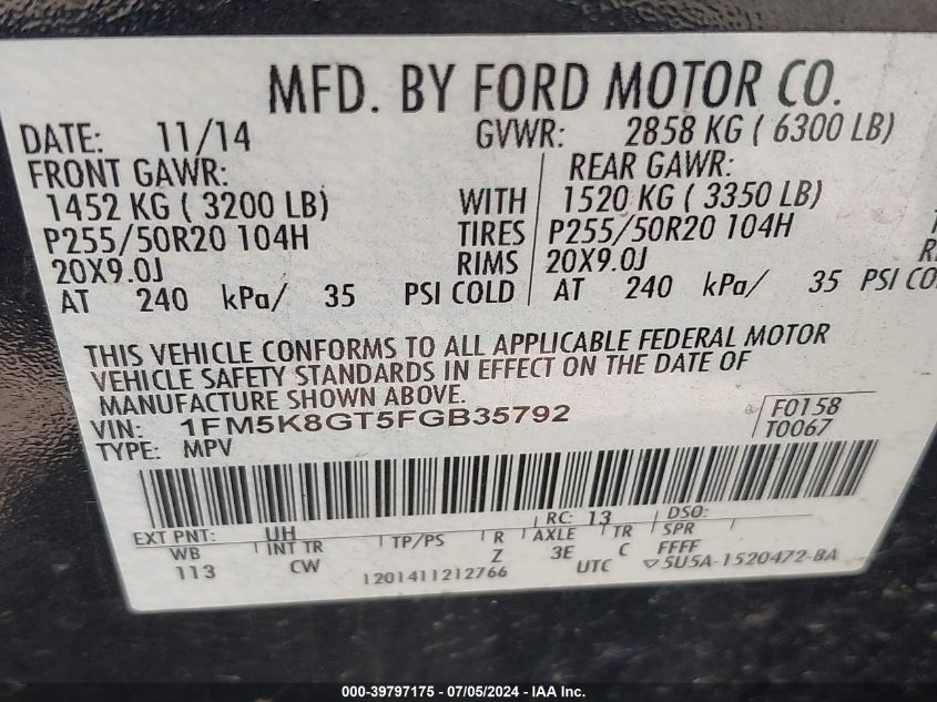 2015 Ford Explorer Sport VIN: 1FM5K8GT5FGB35792 Lot: 39797175