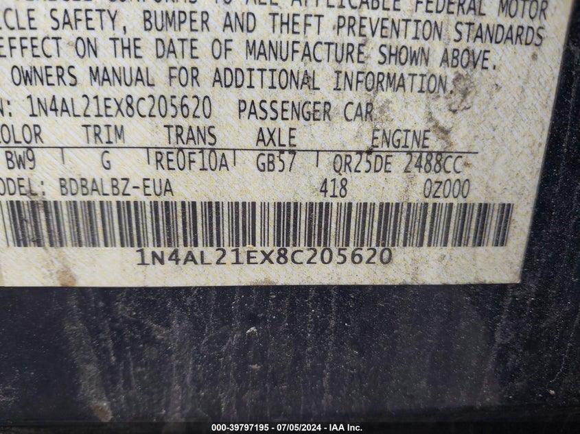 2008 Nissan Altima 2.5 S VIN: 1N4AL21EX8C205620 Lot: 39797195