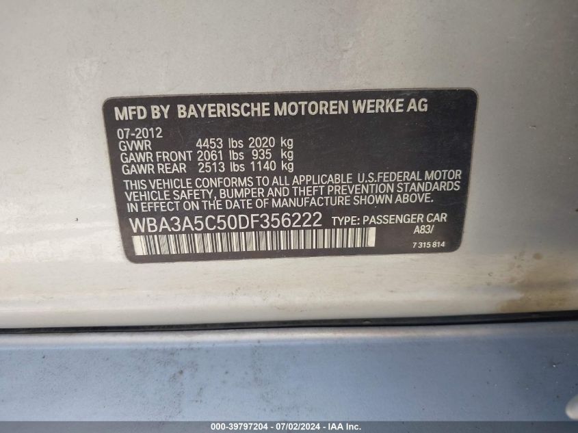 2013 BMW 3 Series 328I VIN: WBA3A5C50DF356222 Lot: 39797204