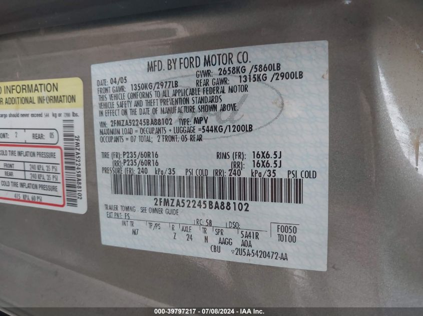 2005 Ford Freestar Sel VIN: 2FMZA52245BA88102 Lot: 39797217