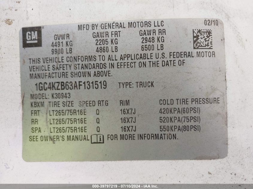 2010 Chevrolet Silverado 3500Hd Work Truck VIN: 1GC4KZB63AF131519 Lot: 39797219