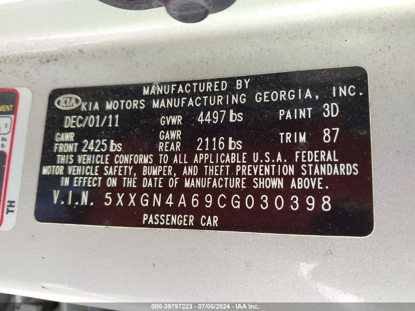 2012 Kia Optima Ex Turbo VIN: 5XXGN4A69CG030398 Lot: 39797223