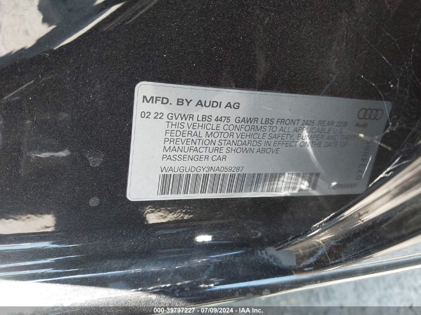 2022 Audi A3 Premium 40 Tfsi Quattro S Tronic VIN: WAUGUDGY3NA059287 Lot: 39797227