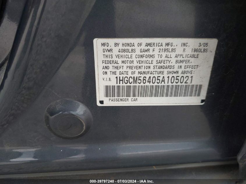 2005 Honda Accord 2.4 Lx VIN: 1HGCM56405A105021 Lot: 39797240