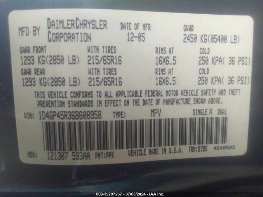 2006 Dodge Caravan Sxt VIN: 1D4GP45R36B608958 Lot: 39797267