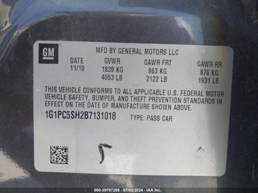 2011 Chevrolet Cruze Ls VIN: 1G1PC5SH2B7131018 Lot: 39797269