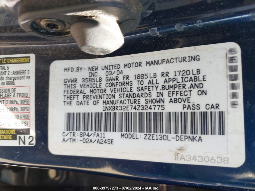 2004 Toyota Corolla Le VIN: 1NXBR32E74Z324775 Lot: 39797273