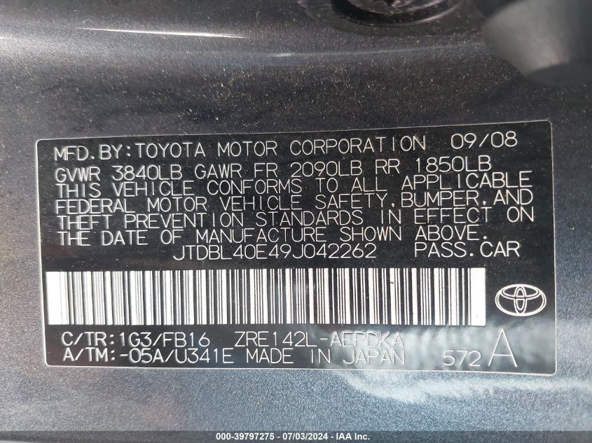 2009 Toyota Corolla Le/Xle VIN: JTDBL40E49J042262 Lot: 39797275