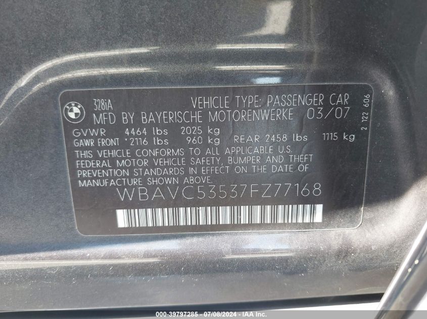 2007 BMW 328I VIN: WBAVC53537FZ77168 Lot: 39797285