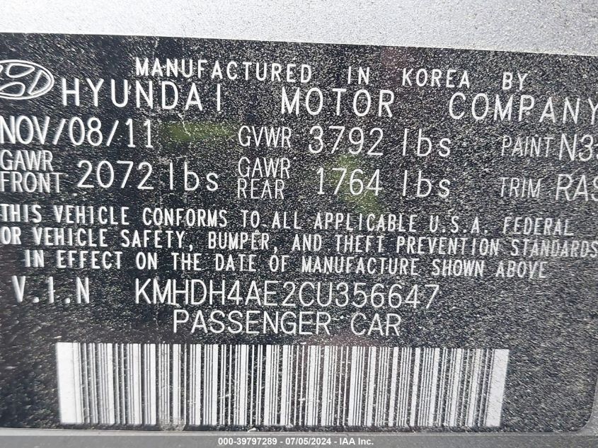 2012 Hyundai Elantra Gls (Ulsan Plant) VIN: KMHDH4AE2CU356647 Lot: 39797289